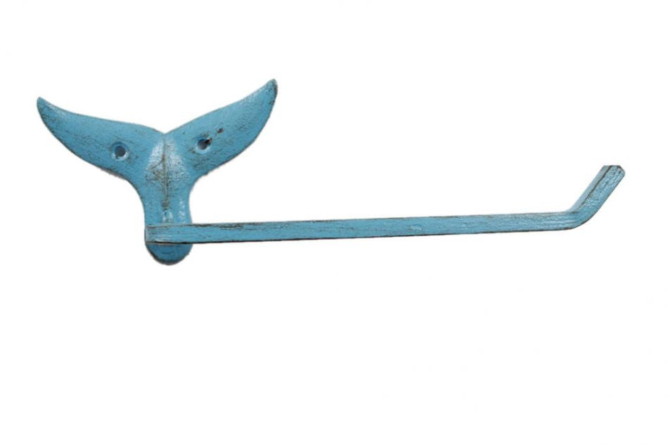 Rustic Light Blue Cast Iron Whale Tail Toilet Paper Holder 11""