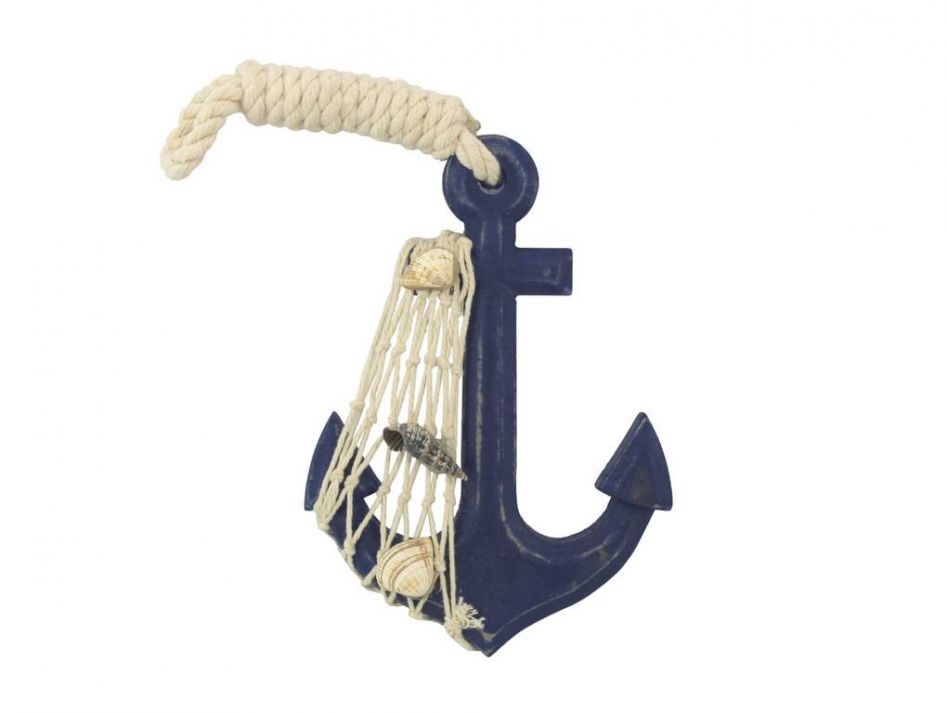 Wooden Rustic Decorative Blue Anchor 6""