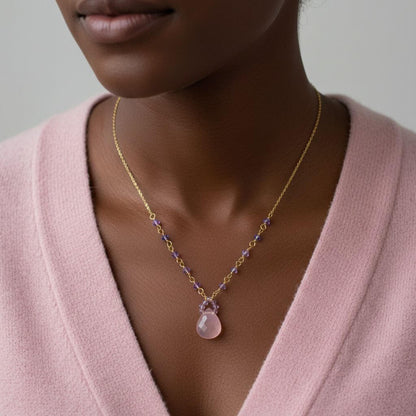Lavender Chalcedony and Crystal Gold Filled Necklace