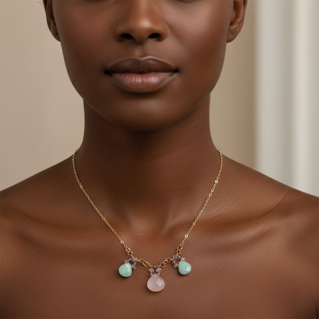 Gold Filled Light Pink and Mint Chalcedony Chain Necklace