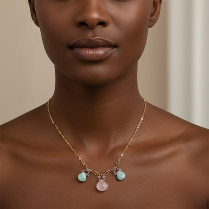 Gold Filled Light Pink and Mint Chalcedony Chain Necklace