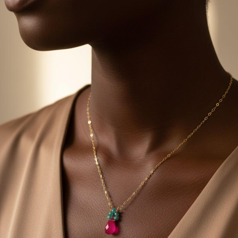 Gold Filled Pink and Aqua Gemstone Crystal Chain Necklace