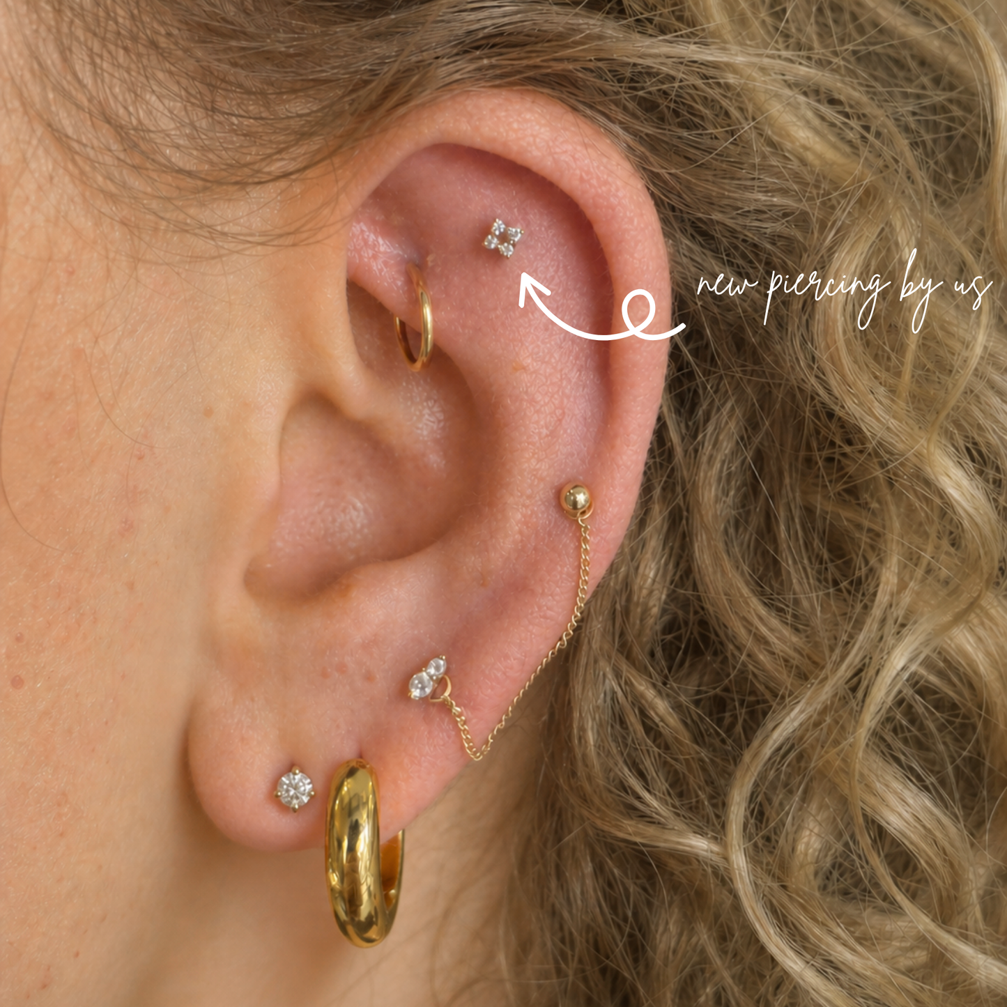 14K Solid Gold Four-point Cluster CZ Threadless Labret Flat Back Earring
