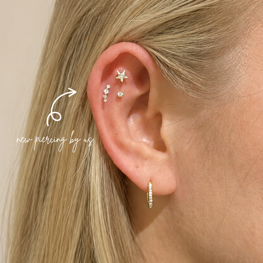 14K Solid Gold Graduated CZ Wave Arc Climber Threadless Labret Flat Back Earring