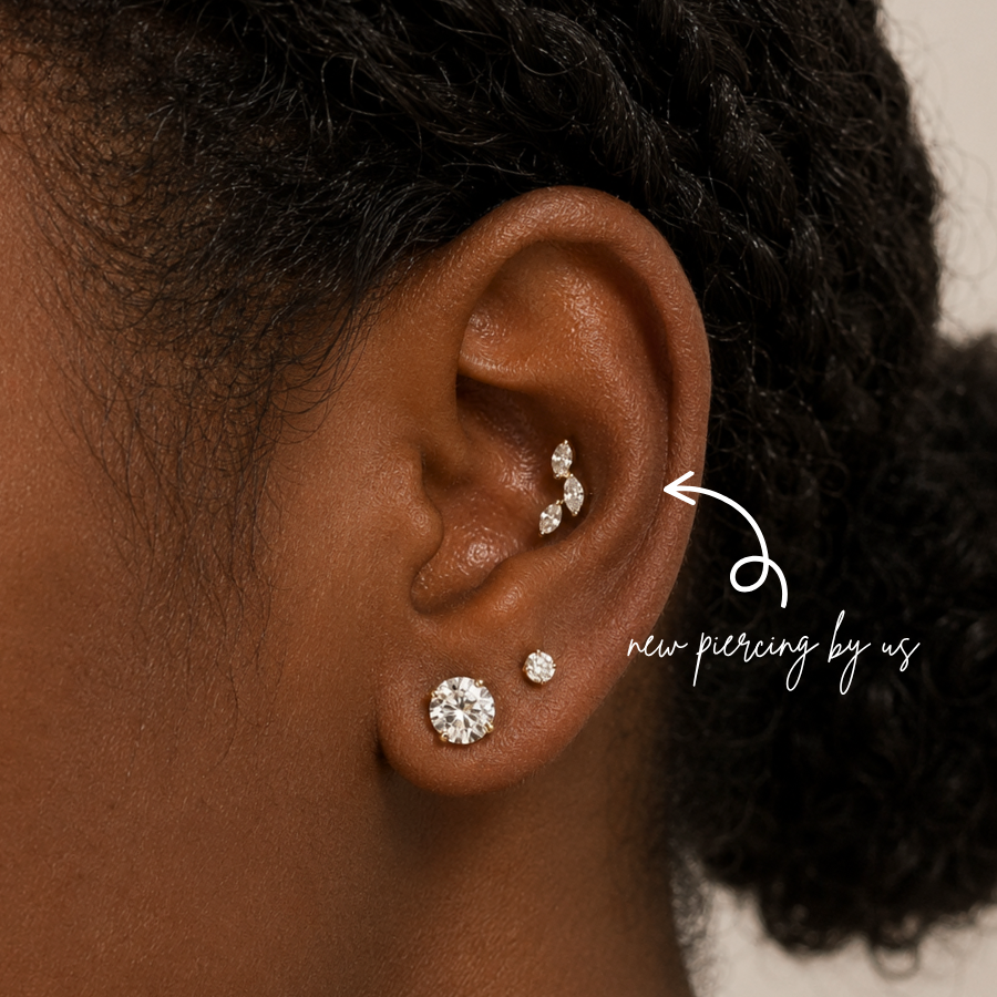 Oval CZ Leaves Branch Threadless Labret Titanium PVD Gold Flat Back Earring