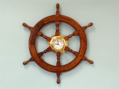 Deluxe Class Wood And Brass Ship Wheel Clock 24""