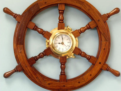 Deluxe Class Wood And Brass Ship Wheel Clock 24""