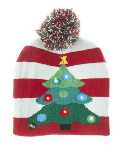 Battery-Operated LED Light-Up Knit Hat - Christmas Tree