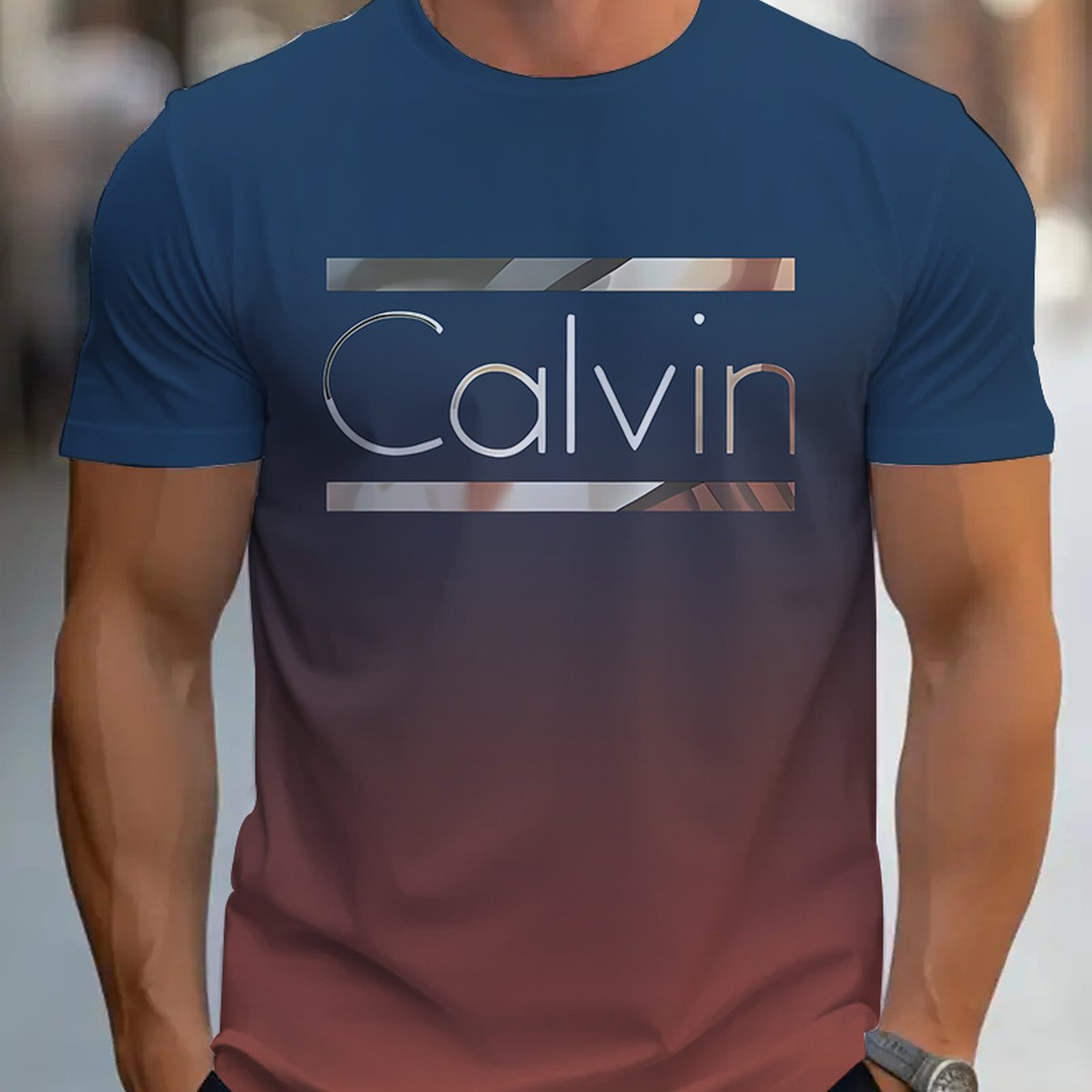 Summer Men'S 3D Digital Printing, Cool Gradual Change: "Calvin" Printed T-Shirt, Casual And Comfortable Versatile Men'S Round Neck Short Sleeves, Suitable for Daily And Sports Wear