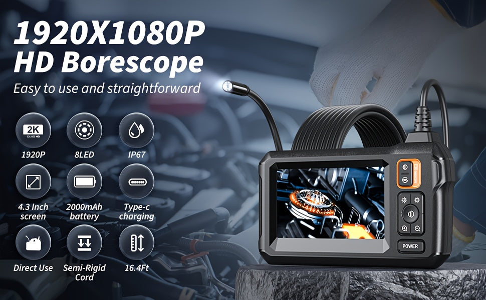 Endoscope Rechargeable Wire Cam w/ 8 LED Light 4.3" Screen 1080PHD 16ft.