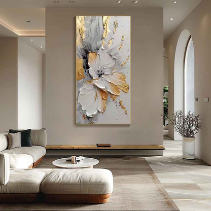 Handmade Oil Painting Canvas Wall Art Decoration Modern Abstract Rich Golden-White Floral For Home Living Room Decor Rolled Frameless Unstretched Painting