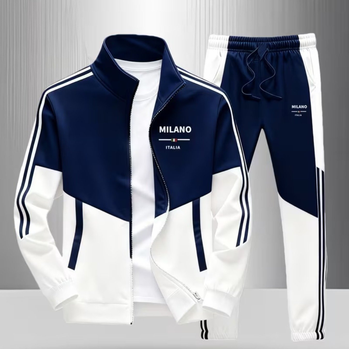 Track Jacket Pants Set Men's Fashion Casual Trendy Street Style Sportswear with MILANO ITALIA Letter Print Color Block Design Striped Pattern Men's Outfits for Adults Men Casual Wear Sportswear