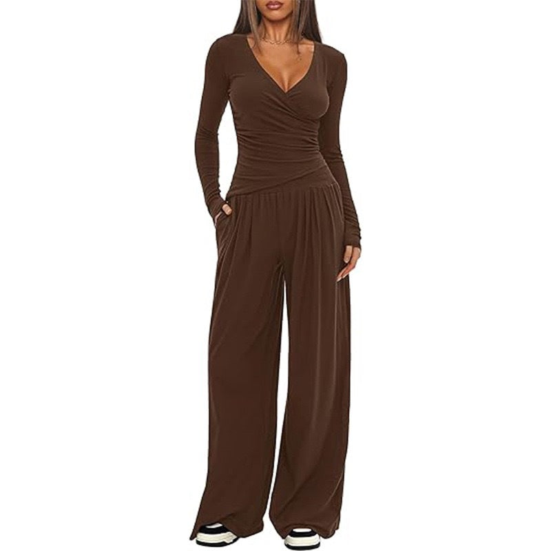 2 Pieces Women's V Neck Long-sleeve Sportswear Top And Wide-leg Pants Set Casual Comfortable Outfit Set For Daily Wear Gym Sports Outfit