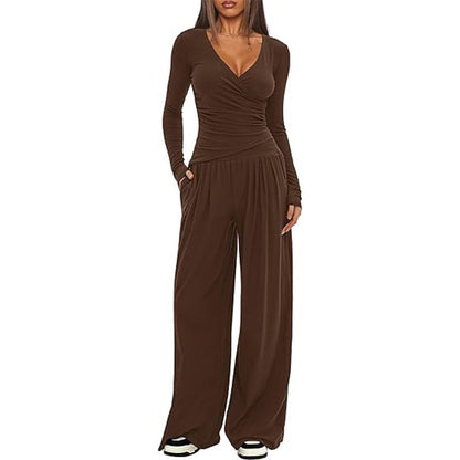 2 Pieces Women's V Neck Long-sleeve Sportswear Top And Wide-leg Pants Set Casual Comfortable Outfit Set For Daily Wear Gym Sports Outfit