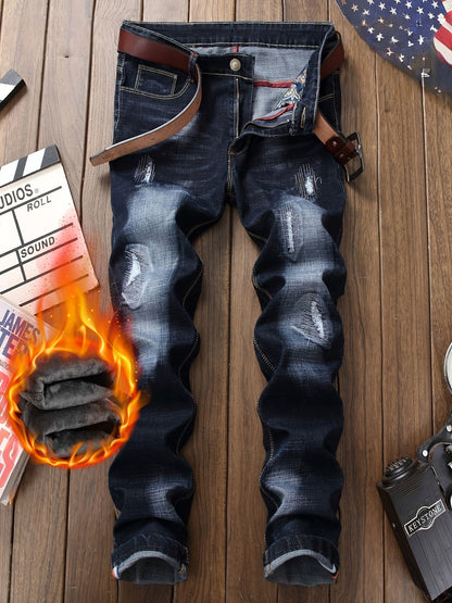 Men's Thermal Distressed Winter Jeans - Thickened Fleece-Lined Denim with Aged Patchwork & Heavy Wash Design