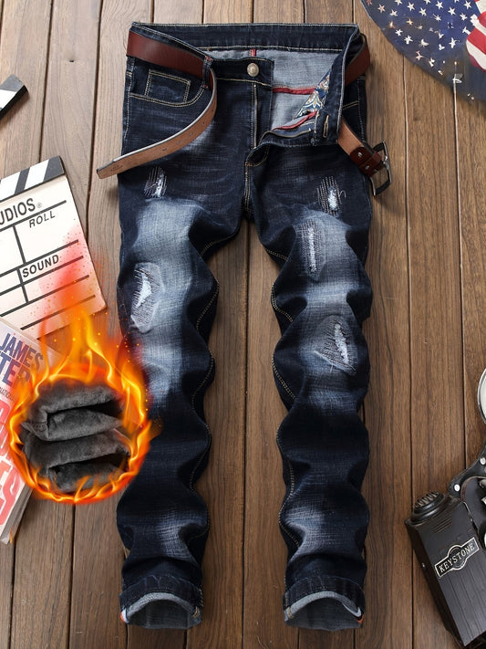 Men's Thermal Distressed Winter Jeans - Thickened Fleece-Lined Denim with Aged Patchwork & Heavy Wash Design