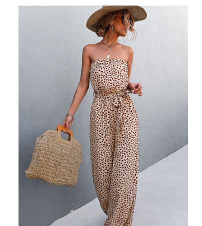 Womens Printed Bandeau Jumpsuit - Strapless Wide Leg Japandi Style Romper