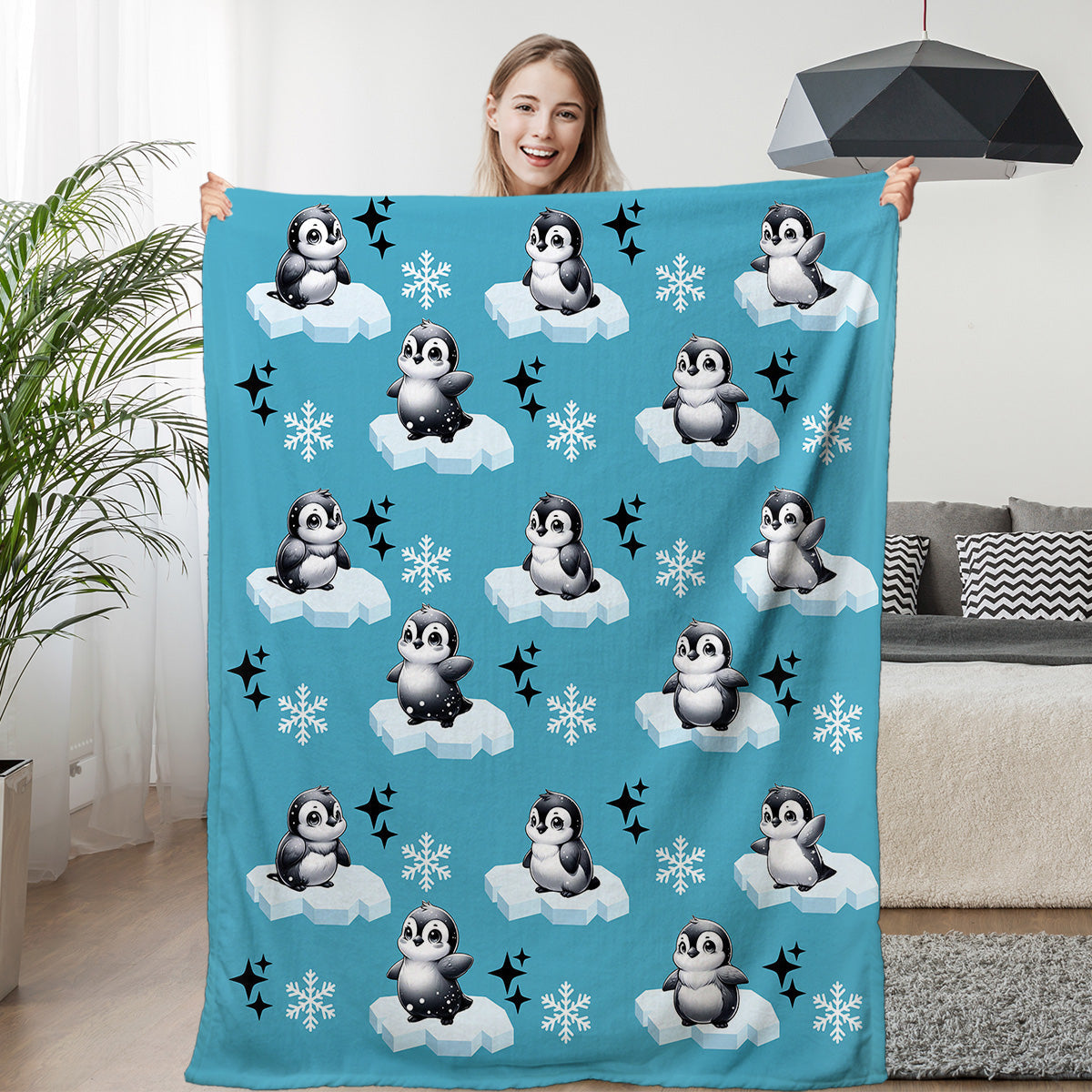 1pc Cute Penguin Snow Cloud Pattern Blue Winter Sofa Blanket Printed Flannel Blanket Comfortable And Warm Home Hugging Blanket Suitable For Bed Sofa Camping And Multi Scene Seasonal Use