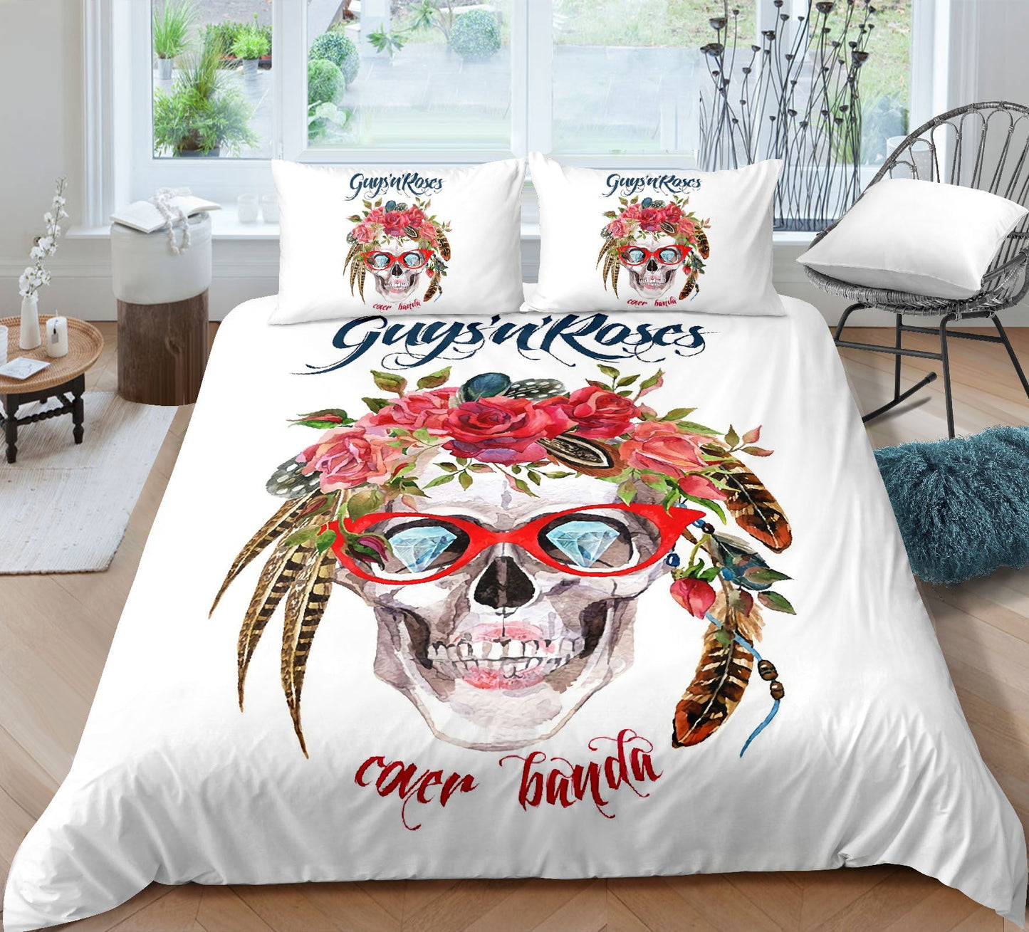 Fashion Skull 3D Digital Printing Skull Three-piece Set Bed Sheet Quilt Cover Pillowcase