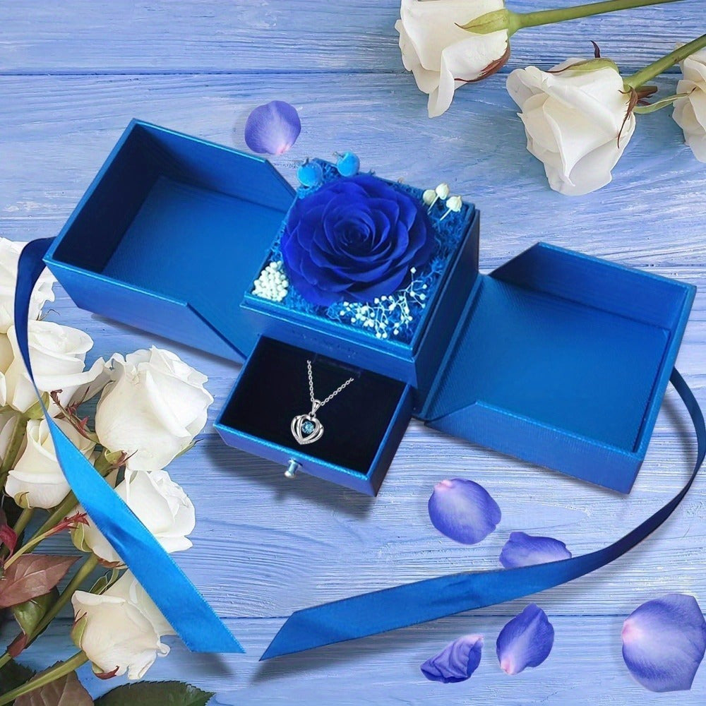 Preserved Real Rose | Perfect Eternal Flowers Rose Gifts with Necklace for Mom, Girlfriend for Mother'S Day, Valentine's, Anniversary, Thanksgiving, or Christmas | Blue Color, Metal Material
