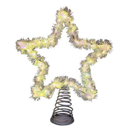 Warm White LED Silver Tinsel Star Treetop - 12 Inch
