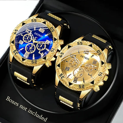 2pcs Men'S Luxury Watches | Golden/Tone Dial, Quartz Movement, Non-water Resistant, Zinc Alloy Case, Silica Gel Strap - Ideal for Business, Sports, Everyday Use | Perfect Gift for Dad, Husband, Boyfriend on Birthday, Father'S