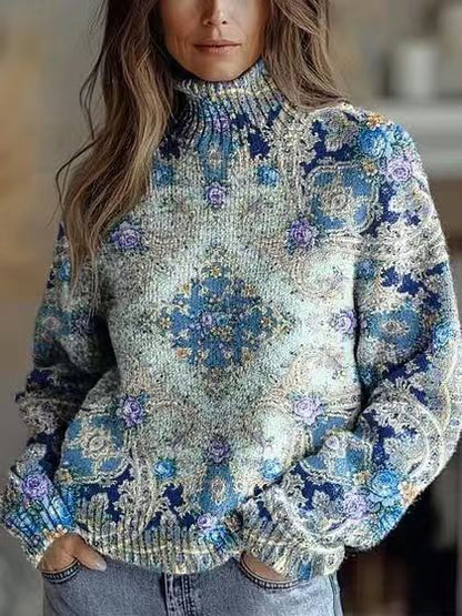 Elegant 3D Floral Print Turtleneck Sweater - Cozy Long Sleeve Pullover