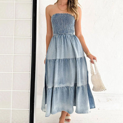 Women's Summer Elegance Hem Stitching Side Cake Denim Long Skirts