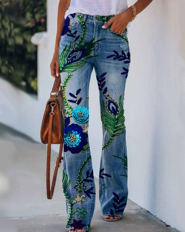 Womens 3D Patterned Flare Jeans - Artistic Printed High-Waisted Denim Trousers