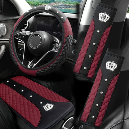 PU Leather Car Steering Wheel Cover Set, Carbon Fiber Pattern, Shoulder Pads, Leather Armrest, 4 pcs, for Comfortable Driving