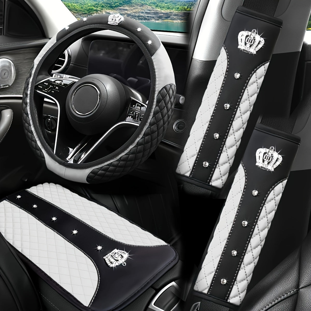 PU Leather Car Steering Wheel Cover Set, Carbon Fiber Pattern, Shoulder Pads, Leather Armrest, 4 pcs, for Comfortable Driving