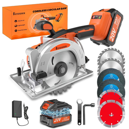 5-inch Brushless Circular Saw Kit - 20V Dual Smart Batteries And Battery Charger, Comes with 6 Saw Blades, Two Adjustable 45° Cutting Depths, Up to 6900 RPM - Ideal for Woodworking And Garden Projects.Christmas Gift, Shipped