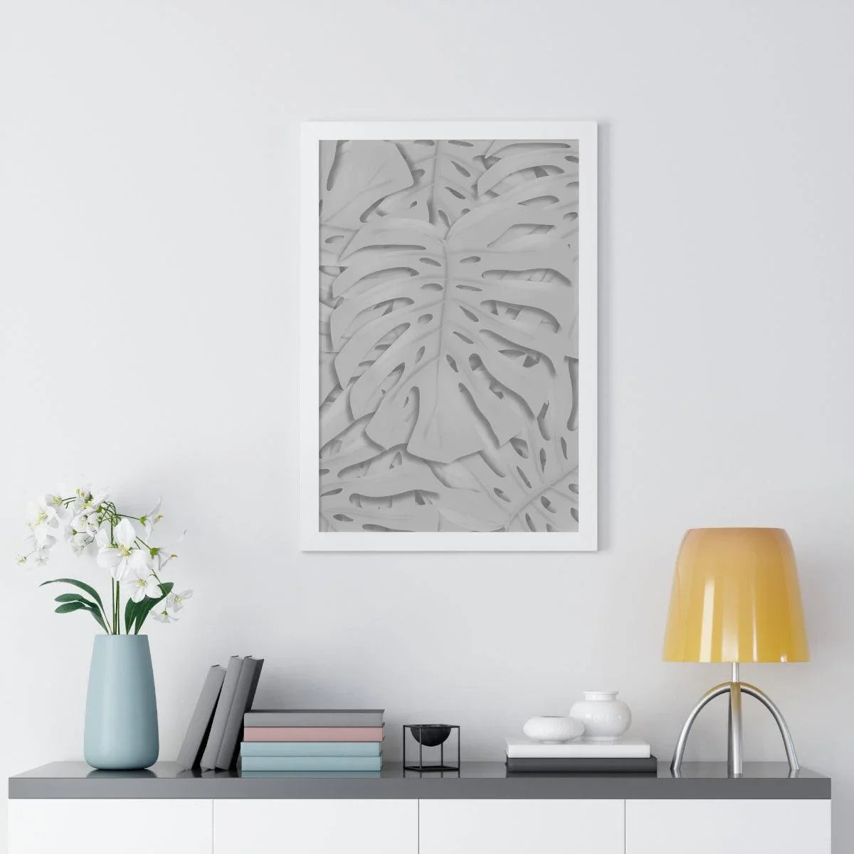 Soft Grey Monstera Framed Print – Botanical Wall Art