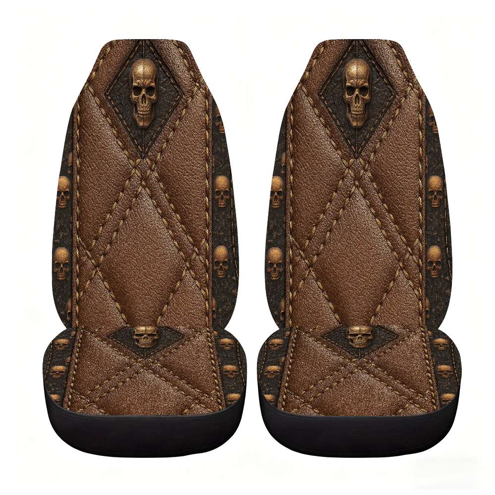 2pcs Brown Skull Car Seat Covers Suitable for Front Seats, High Back Design, Material, Suitable for Cars, SUVs and Trucks, Women's Car Accessories, Christmas Eve Scares, Halloween, Special Promotion Clearance.