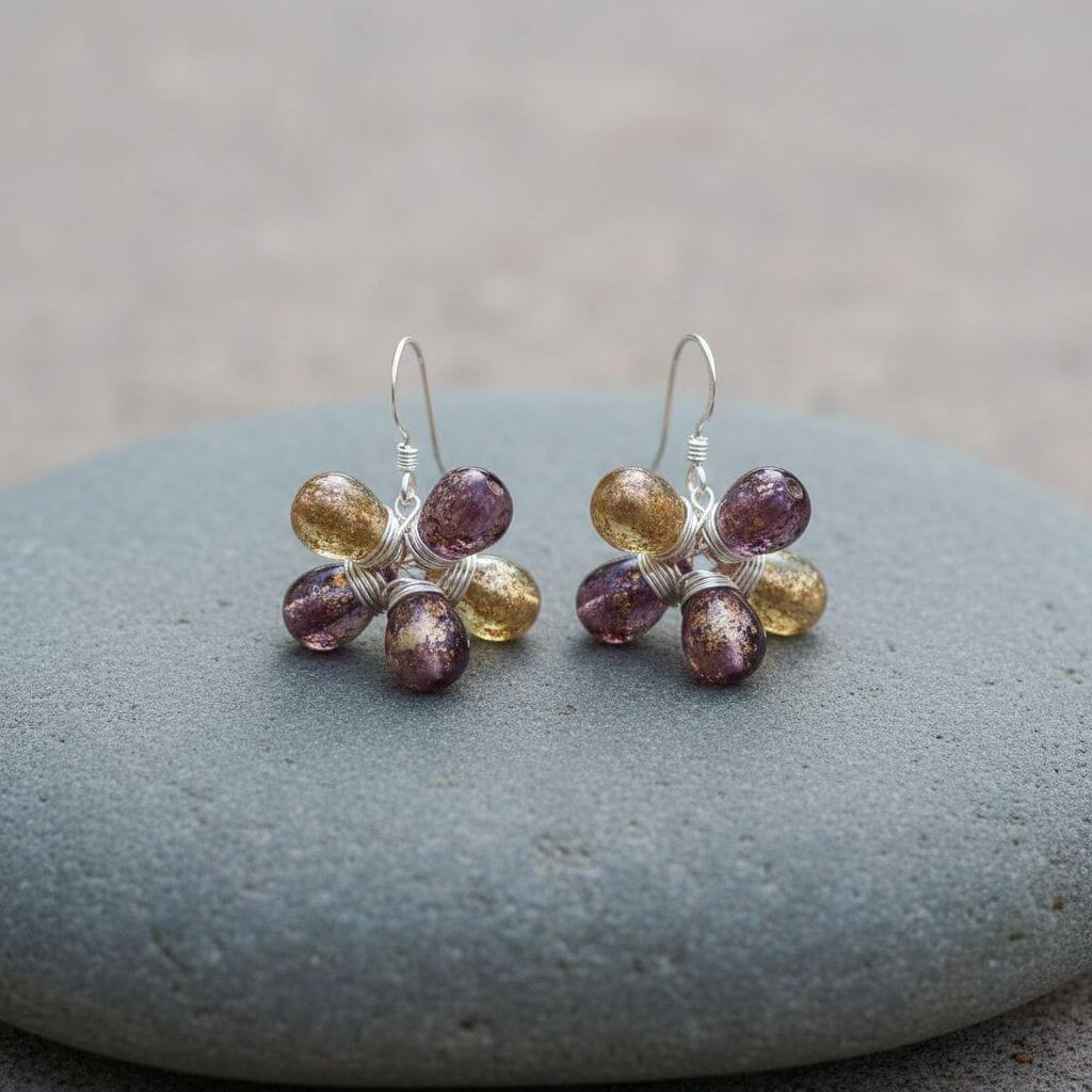 Purple and Yellow Flower Sterling Silver Earrings