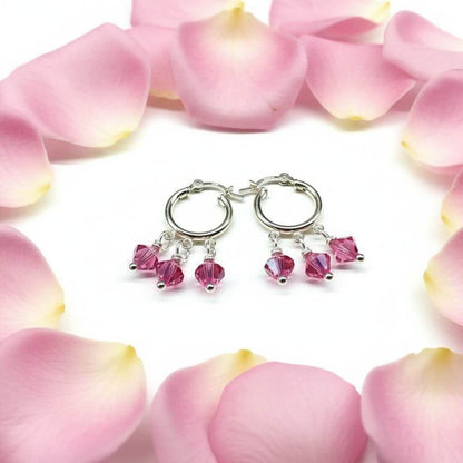 Mini Sterling Silver Hoop Pink Crystal Dangle Earrings