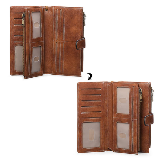 RFID Blocking Vintage Tri-fold Wallet - Multi-functional Oil Wax Leather Purse