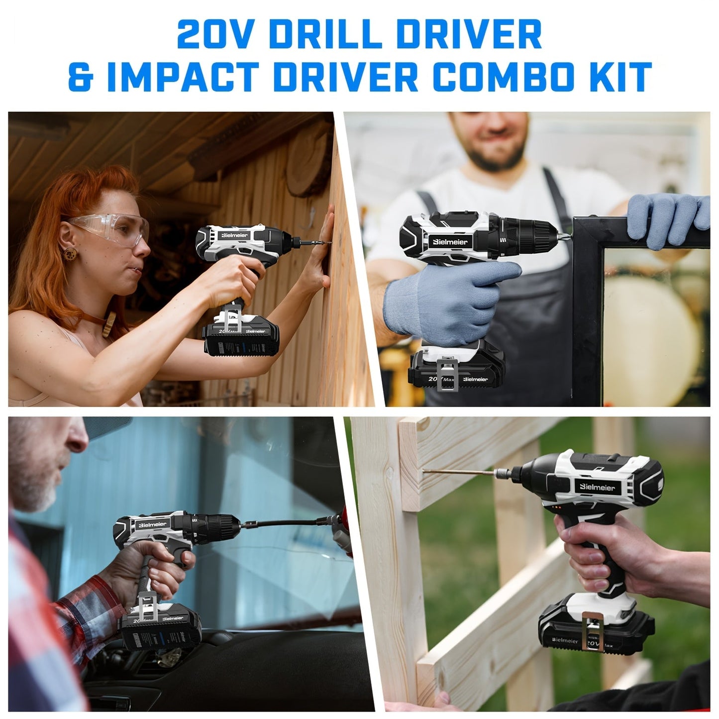 Bielmeier 20V 3/8" Drill And 1/4" Impact Driver Combo Kit, Featuring a Driving Speed of 3200RPM And a Drilling Speed of 1500RPM, Designed to Be Lightweight, with Two Speed Settings, Including 33pcs of Drive Bits And Sockets,