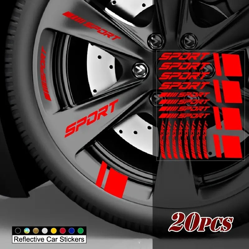 20pcs Reflective Sport Car Wheel Rim Vinyl Stickers - Self-Adhesive Racing Stripe Decals with Glossy Finish, Checkered & Stripe Patterns, Red/ Colors, Irregular Shapes for Night Driving Safety, Easy Application & Removal, Dur