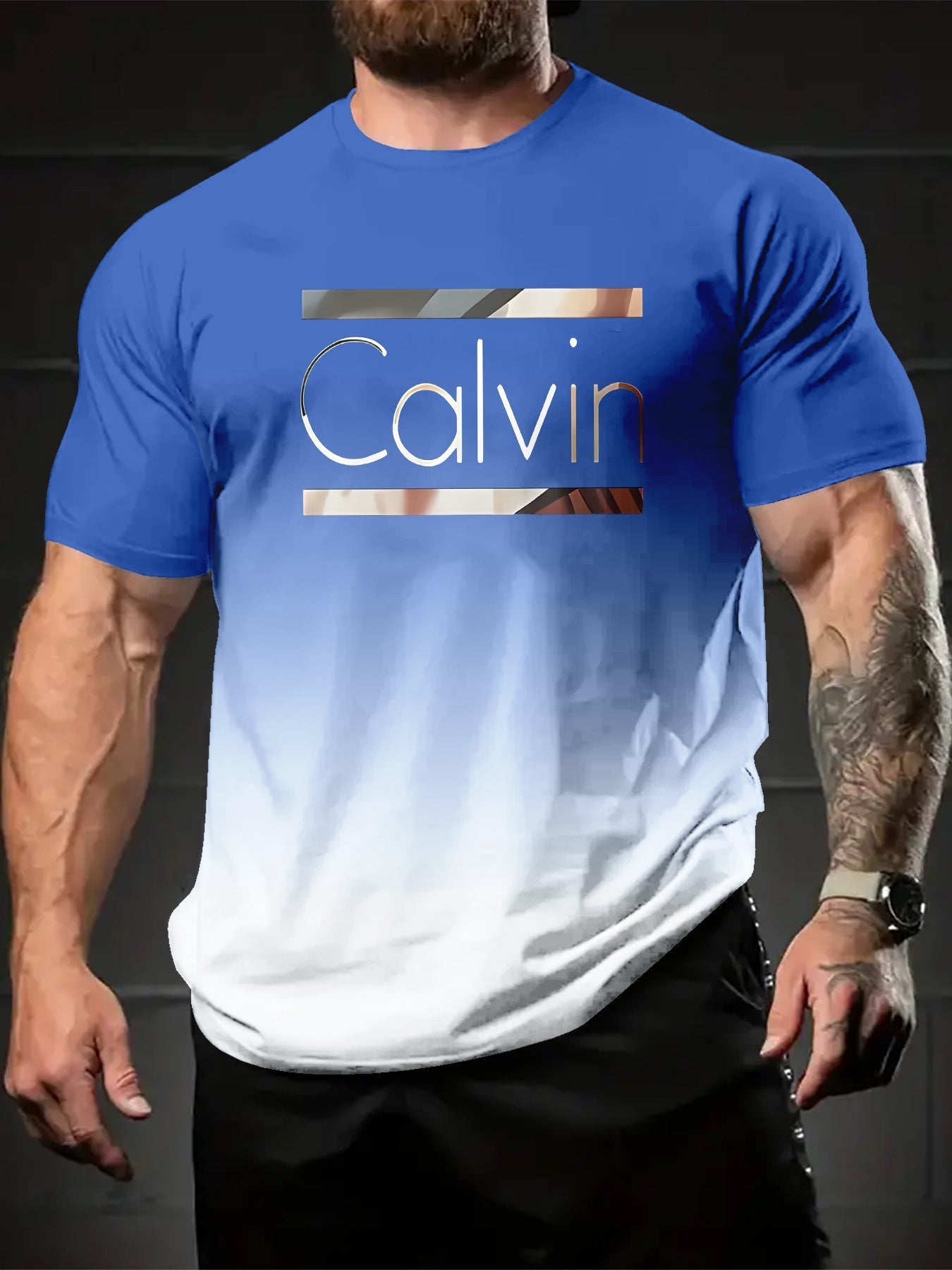 Summer Men'S 3D Digital Printing, Cool Gradual Change: "Calvin" Printed T-Shirt, Casual And Comfortable Versatile Men'S Round Neck Short Sleeves, Suitable for Daily And Sports Wear