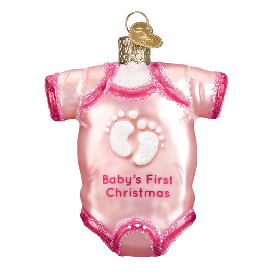 Babys First Christmas Pink Onesie Glass Ornament