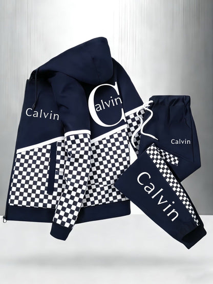 Zip Up Casual Hoodie and Joggers Set Street Style w/ Large Calvin Print