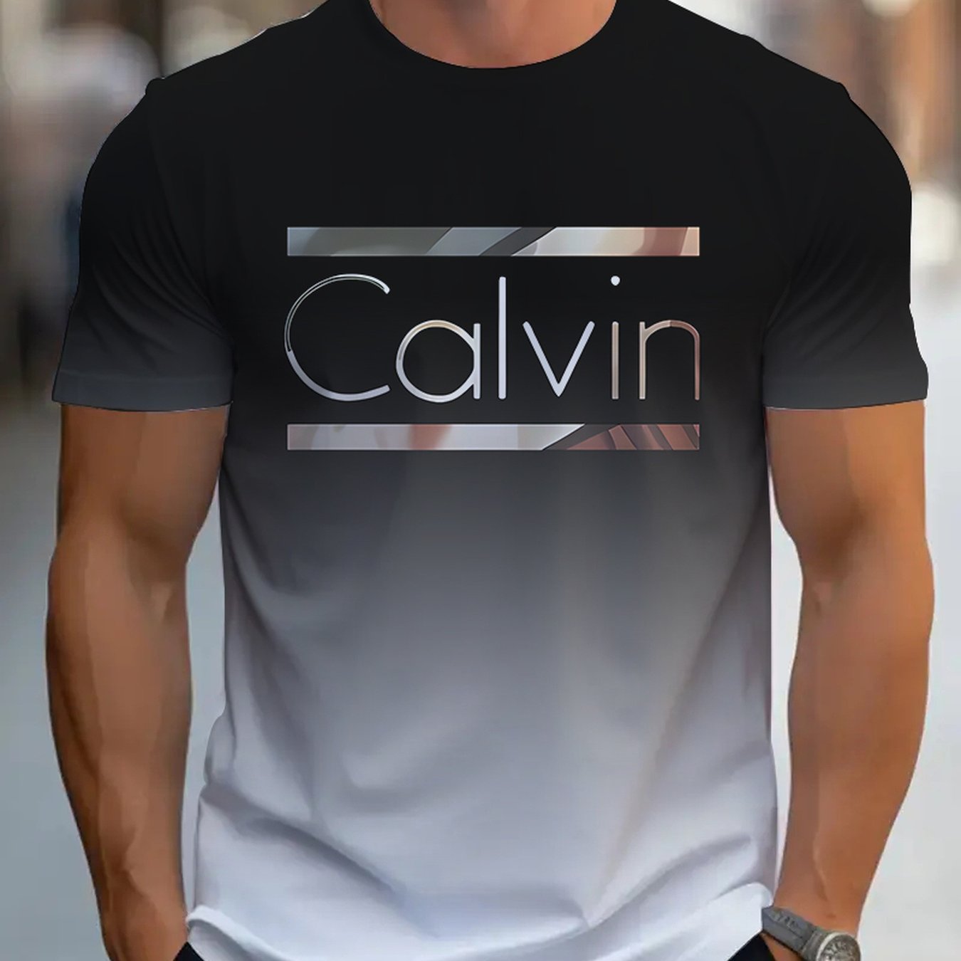 Summer Men'S 3D Digital Printing, Cool Gradual Change: "Calvin" Printed T-Shirt, Casual And Comfortable Versatile Men'S Round Neck Short Sleeves, Suitable for Daily And Sports Wear