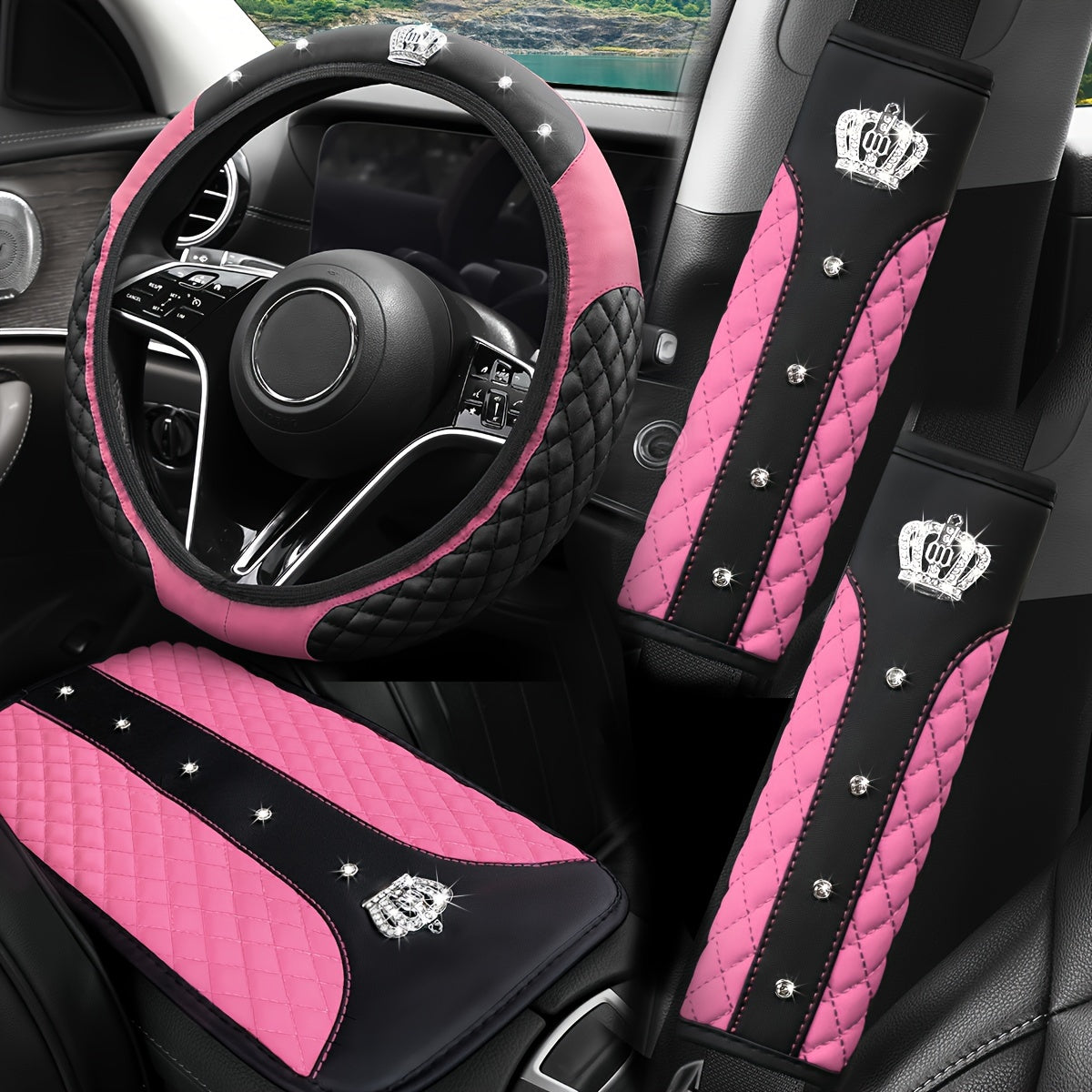 PU Leather Car Steering Wheel Cover Set, Carbon Fiber Pattern, Shoulder Pads, Leather Armrest, 4 pcs, for Comfortable Driving