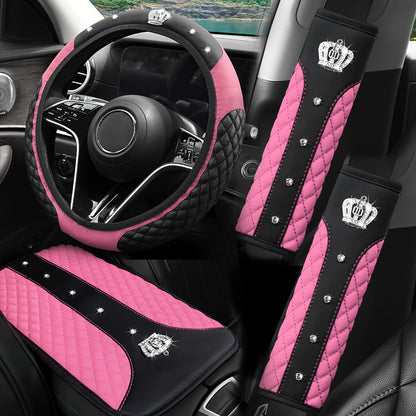 PU Leather Car Steering Wheel Cover Set, Carbon Fiber Pattern, Shoulder Pads, Leather Armrest, 4 pcs, for Comfortable Driving
