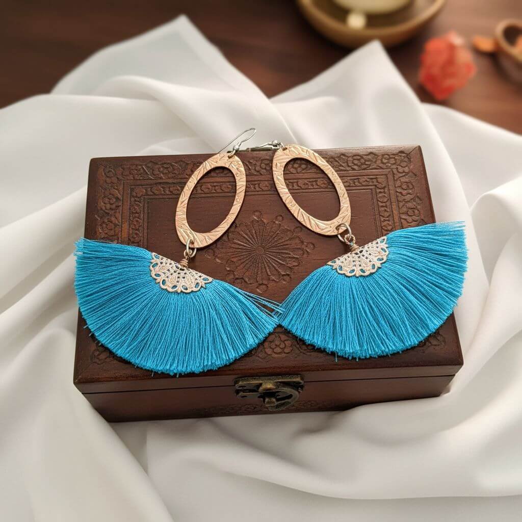 Long Copper Embossed Aqua Brushed Silk Fan Tassel Earrings