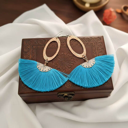 Long Copper Embossed Aqua Brushed Silk Fan Tassel Earrings