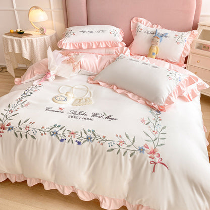 Four-piece Embroidered Quilt Cover For Washed Cotton Bed
