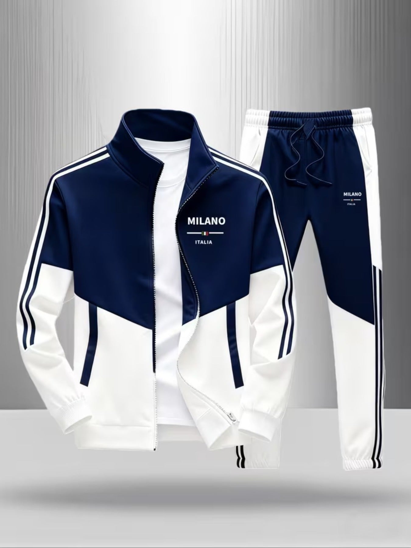 Track Jacket Pants Set Men's Fashion Casual Trendy Street Style Sportswear with MILANO ITALIA Letter Print Color Block Design Striped Pattern Men's Outfits for Adults Men Casual Wear Sportswear