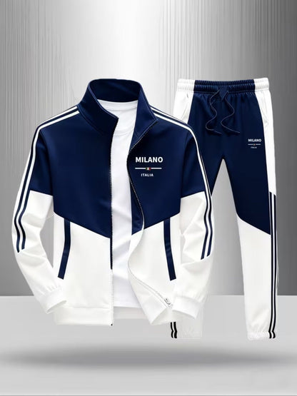 Track Jacket Pants Set Men's Fashion Casual Trendy Street Style Sportswear with MILANO ITALIA Letter Print Color Block Design Striped Pattern Men's Outfits for Adults Men Casual Wear Sportswear